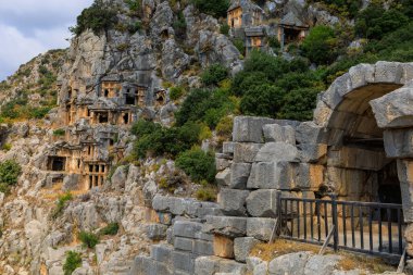 Lycian rock tombs of the necropolis in Demre, the former Kale in Turkey in the province of Antalya of the ancient city of Myra, one of the main centers of Lycia. Grandiose ancient ruins