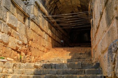 The ruins of the acropolis in Demre, the former Kale in Turkey in the province of Antalya, one of the main centers of Lycia, the ancient city of Myra. Grandiose ancient buildings