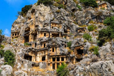 Lycian rock tombs of the necropolis in Demre, the former Kale in Turkey in the province of Antalya of the ancient city of Myra, one of the main centers of Lycia. Grandiose ancient ruins