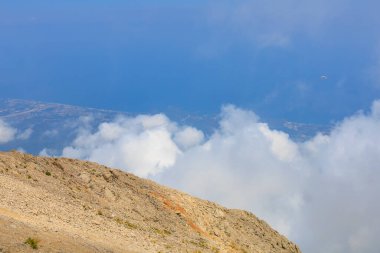 Very beautiful view from the top of Mount Tahtali or Olympos of the Kemer district of Antalya province in Turkey. A popular tourist spot for sightseeing and skydiving. Background or landscape