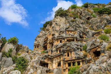 Lycian rock tombs of the necropolis in Demre, the former Kale in Turkey in the province of Antalya of the ancient city of Myra, one of the main centers of Lycia. Grandiose ancient ruins