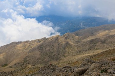 Very beautiful view from the top of Mount Tahtali or Olympos of the Kemer district of Antalya province in Turkey. A popular tourist spot for sightseeing and skydiving. Background or landscape