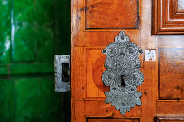 Open medieval door close-up. Background with selective focus and copy space for text