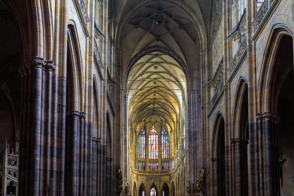 Stunning beauty of architecture. Gothic Catholic Cathedral of St. Vitus, Wenceslas and Vojtech in Prague Castle. View inside the church. Background with selective focus and copy space