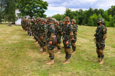 Soldiers of the national army. Demonstration military exercises. July 14, 2020 Balti Moldova. Illustrative editorial clipart