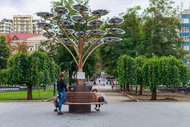 Şehir ortamındaki güneş panelleri, yenilenebilir enerji. Ağaç şeklinde dekoratif bir direk. 26 Ağustos 2021 Chisinau Moldova, illüstrasyon amaçlı kullanım için. Metin için kopyalama alanı olan arkaplan