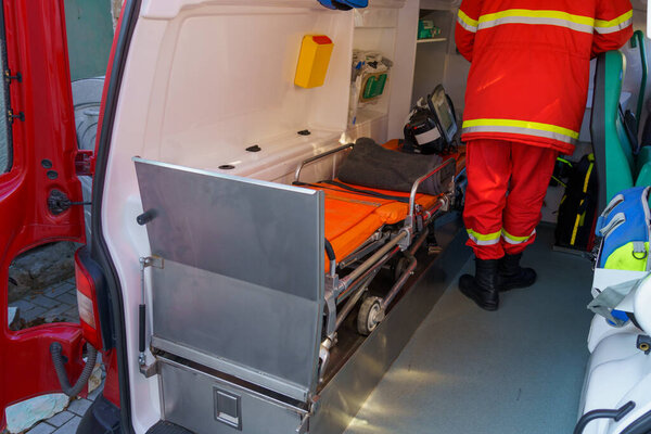 25 2021 Balti Moldova, a gurney with a bed in the car of the first aid crew of rescuers. For editorial illustrative use. Background with copy space