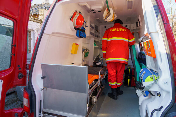 25 2021 Balti Moldova, view inside the car of the rescuers of the SMURD service. For editorial illustrative use. Background with copy space