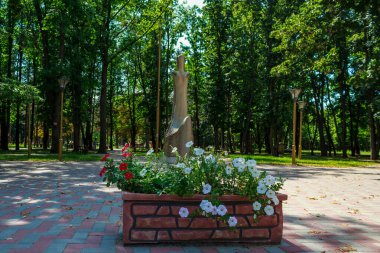 10 Ağustos 2021, Ungheni Moldova. Şehir Central Halk Parkı 'ndaki soyut heykeller, yerel bir gösteri. Editör kullanımı için. Arkaplan