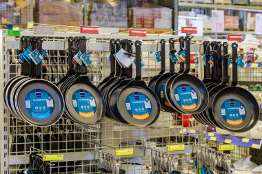 Frying pans on the store shelf. Illustrative editorial. May 12, 2022 Balti Moldova
