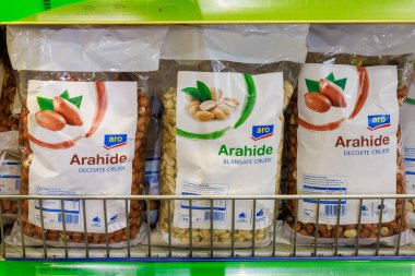 Peanuts on the store shelf. Illustrative editorial. May 12, 2022 Balti Moldova