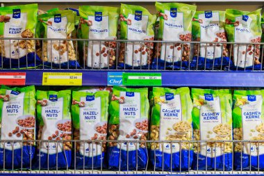 Nuts and ingredients for proper balanced nutrition on the store shelf. Illustrative editorial. May 12, 2022 Balti Moldova