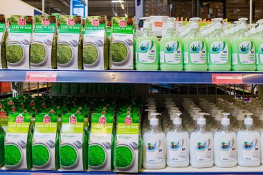 Bath salts and liquid soap on the store shelf. Illustrative editorial. May 12, 2022 Balti Moldova