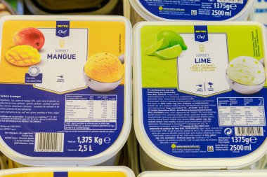 Ice cream containers on the store shelf. Illustrative editorial. May 12, 2022 Balti Moldova