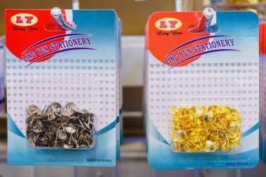 Pushpins are classic on the store shelf. Illustrative editorial. February 2, 2022 Balti Moldova