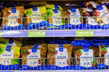 Dried fruits on the store shelf. Illustrative editorial. May 12, 2022 Balti Moldova