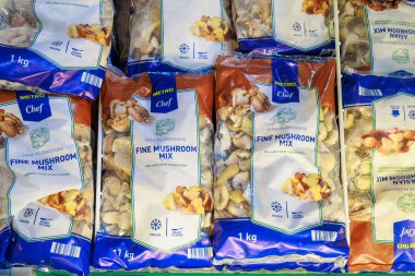 Frozen mushroom mix on the store shelf. Illustrative editorial. May 12, 2022 Balti Moldova