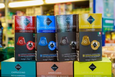 Coffee drinks on the store shelf. Illustrative editorial. May 12, 2022 Balti Moldova