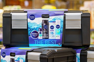 Nivea gift set for men on the store shelf. Illustrative editorial. February 10, 2022 Balti Moldova