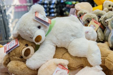 Soft toy teddy bear with selective focus on the store shelf. Illustrative editorial. February 10, 2022 Balti Moldova