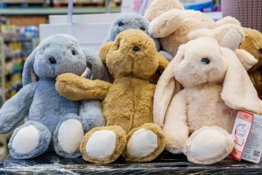 Soft toys bunnies with selective focus. Illustrative editorial. February 10, 2022 Balti Moldova