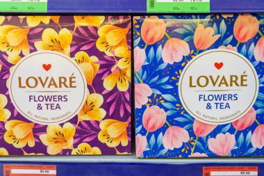 Natural herbal tea in boxes on the store shelf. Illustrative editorial. February 10, 2022 Balti Moldova