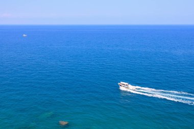 Boat or yacht in the Mediterranean. August 7, 2022 Beldibi, Antalya province, Kemer region, Turkey.