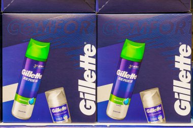 Gillette shaving gel on the store shelf. Illustrative editorial. February 10, 2022 Balti Moldova