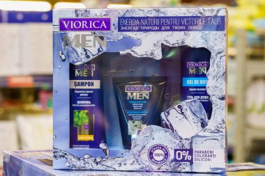 Viorica cosmetic gift sets for men on the store shelf. Illustrative editorial. February 10, 2022 Balti Moldova