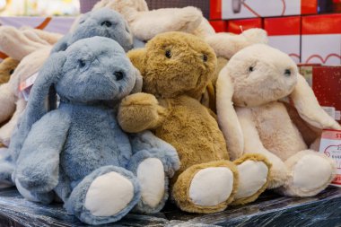 Soft toys bunnies with selective focus. Illustrative editorial. February 10, 2022 Balti Moldova