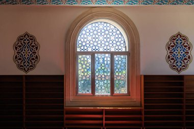 Mosque window. City landmark open to tourists. Classic Islamic background. August 9, 2022 Kemer, Antalya province, Turkey.