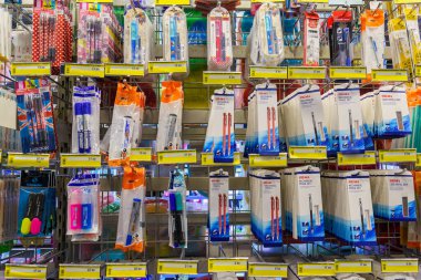 Writing pens with selective focus on a store shelf. Illustrative editorial. February 2, 2022 Balti Moldova