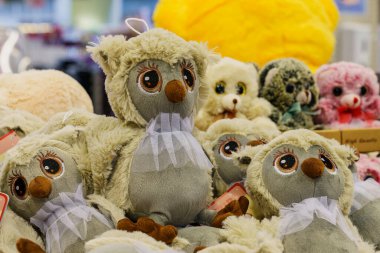 Owl soft toys with selective focus. Illustrative editorial. February 10, 2022 Balti Moldova