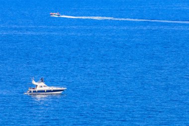 Boat or yacht in the Mediterranean. August 7, 2022 Beldibi, Antalya province, Kemer region, Turkey.