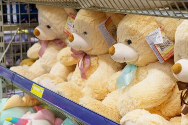 Soft toy teddy bear with selective focus on the store shelf. Illustrative editorial. February 24, 2022 Balti Moldova
