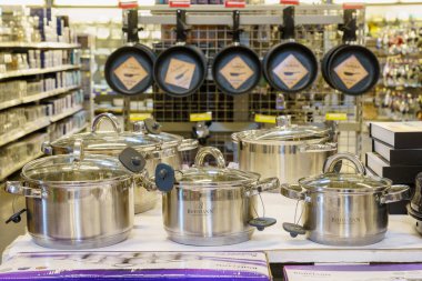 Pans on the shelf or showcase of the supermarket. Illustrative editorial. March 18, 2022 Beltsy Moldova