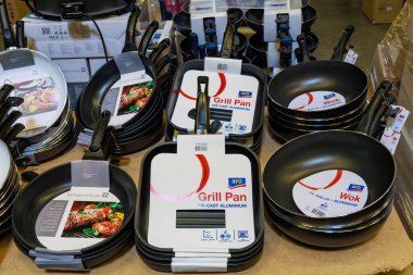 Frying pans on the store shelf. Illustrative editorial. May 12, 2022 Balti Moldova
