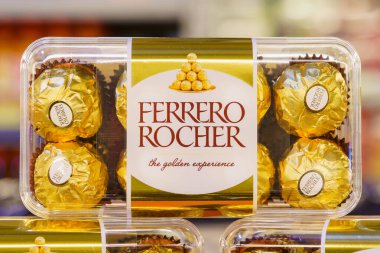 Ferrero Rocher chocolates. Goods on the store shelf, supermarket showcase. April 14, 2022 Beltsy Moldova.