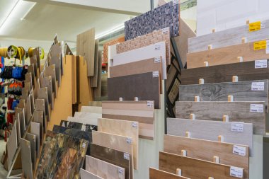 Floor tiles. Goods in a building materials store. June 24, 2022 Beltsy Moldova.