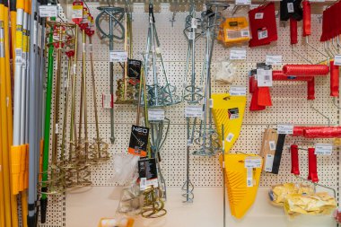 Nozzle mixer for a drill. Goods in a building materials store. June 24, 2022 Beltsy Moldova.