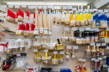 Paint brushes. Goods in a building materials store. June 24, 2022 Beltsy Moldova.