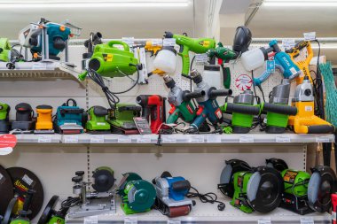 Power tools. Goods in a building materials store. June 24, 2022 Beltsy Moldova.