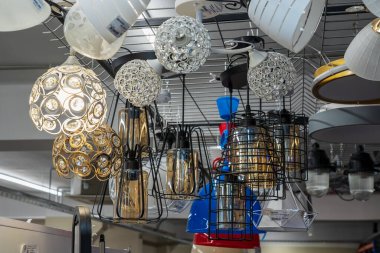 Lamps, selective focus. Goods in a building materials store. June 24, 2022 Beltsy Moldova.