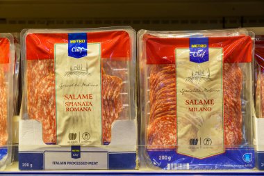 Sausage cuts in vacuum packing. Goods on the store shelf, supermarket showcase. April 14, 2022 Beltsy Moldova.