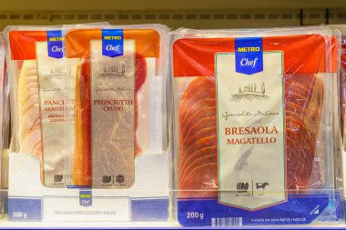 Meat cuts in vacuum packing. Goods on the store shelf, supermarket showcase. April 14, 2022 Beltsy Moldova.