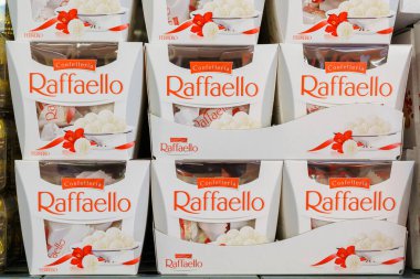 Boxes with Raffaello sweets. Goods on the store shelf, supermarket showcase. April 14, 2022 Beltsy Moldova.