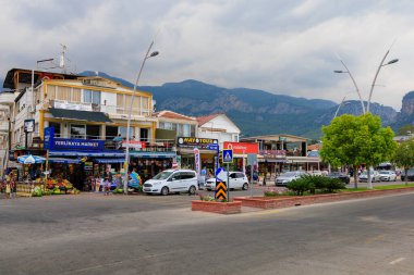 August 11, 2022 Beldibi, Kemer district, Antalya Province, Turkey. Turkish market in the resort village. Background with copy space for text