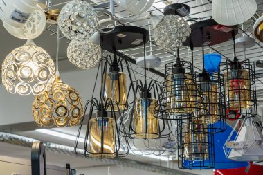 Lamps, selective focus. Goods in a building materials store. June 24, 2022 Beltsy Moldova.