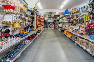 Wide range in the tools department. Goods in a building materials store. June 24, 2022 Beltsy Moldova.