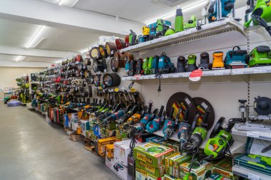 Power tools. Goods in a building materials store. June 24, 2022 Beltsy Moldova.